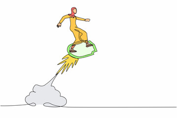 Poster - Single one line drawing Arabian businesswoman riding shield rocket flying in the sky. Business security acceleration to save financial growth. Continuous line draw design graphic vector illustration