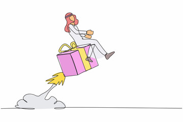 Poster - continuous one line drawing arabian businessman riding gift box rocket flying in the sky. fast shipp