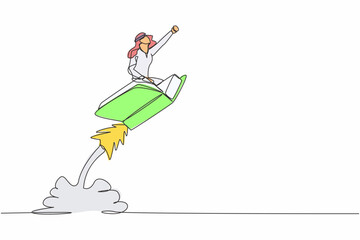 Poster - Single continuous line drawing Arabian businessman riding book rocket flying in the sky. Increase interest in reading smart students. Bookstore, education. One line graphic design vector illustration