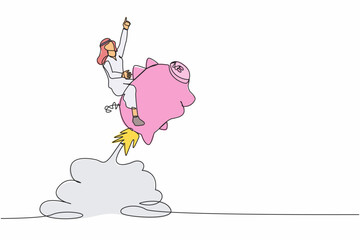 Poster - continuous one line drawing smart arabian businessman riding piggy bank rocket flying in the sky. sa