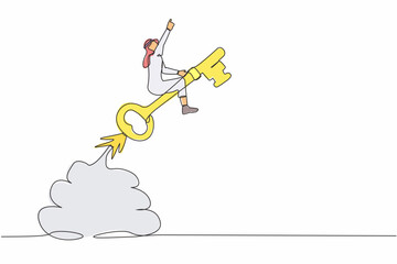 Poster - Continuous one line drawing Arab businessman riding key rocket flying in the sky. Discover key success, unlock secret creativity to achieve business goals. Single line draw design vector illustration