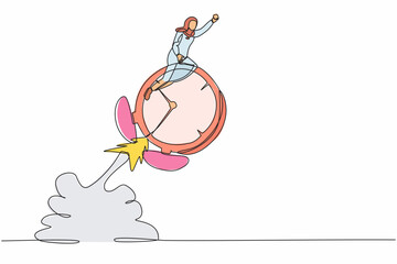 Poster - Continuous one line drawing Arabian businesswoman riding alarm clock rocket flying in the sky. Productivity or efficiency to finish work, speed and urgency. Single line draw design vector illustration