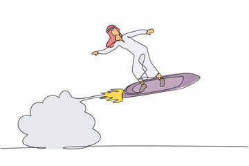 Poster - Single one line drawing Arabian businessman riding surfing board rocket flying in the sky. Successful trader on peak of profitability. Business success. Continuous line draw design vector illustration