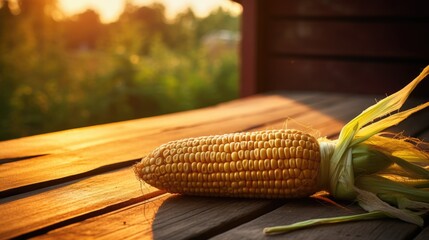 Wall Mural - Fresh corn on cobs on wooden table. Generative AI