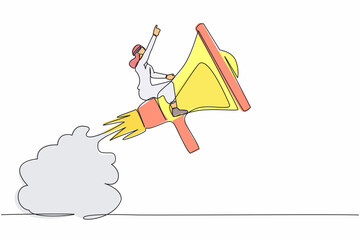 Poster - Single one line drawing Arabian businessman riding megaphone rocket flying in sky. Fast communication, business soft skill to communicate with customer. Continuous line draw design vector illustration