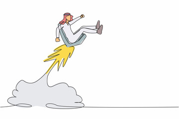 Poster - Single continuous line drawing active Arab businessman riding office chair rocket flying in the sky. Boost career development, job promoted to higher position. One line draw design vector illustration