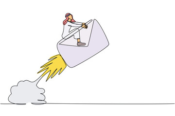 Poster - Single continuous line drawing Arabian businessman riding paper envelope rocket flying in the sky. Launch project. Social media, news, email, web development. One line draw design vector illustration