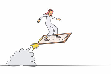 Poster - single continuous line drawing arabian businessman riding clipboard rocket flying in the sky. analyz
