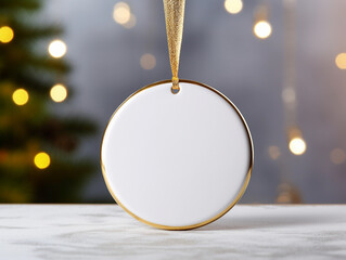 white flat ornament mock up. plain white flat circle ceramic christmas ornament with a gold string, 