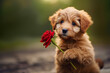 cute brown puppy holding red rose in paws outdoors with green background