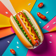 Paper art Hot-Dog illustration on the abstract background.