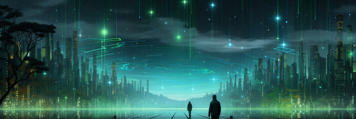 Wide banner image of two business men standing backward to the frame at the middle and looking at a futuristic buildings façade of an modern imaginative cyber technology city 
