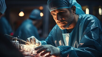 Poster - Doctor laboratory assistant scientist in a modern high-tech laboratory makes tests using scientific equipment and a microscope, concept medicine and healthcare, caring for the sick and treating people