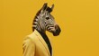 A profile side view of an odd guy wearing a zebra mask appears to be in an empty space, advertising an animal festival, isolated over a yellow backdrop.