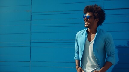 Wall Mural - Beautiful African male fashion model standing outside next to a blue wall, grinning and posing while wearing sunglasses. Chic African man with curly hair grinning against a lonely blue backdrop