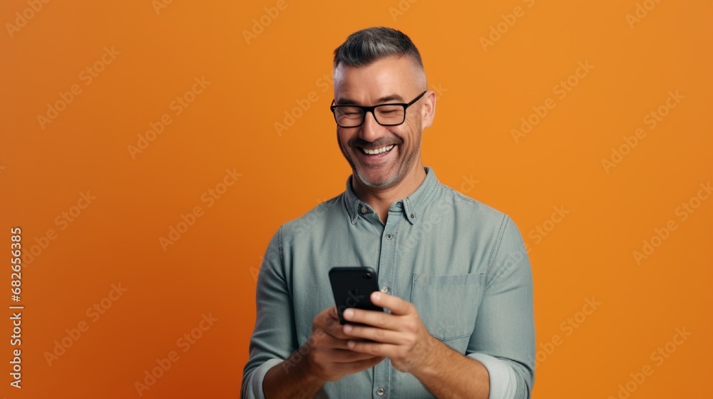 man wearing glasses and a denim shirt gestures at his smartphone, which ...