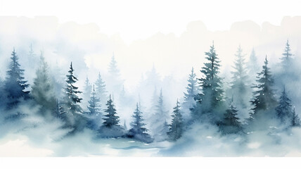 Wall Mural - Watercolor Blue winter landscape of foggy forest hill illustration
