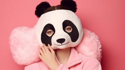 Wall Mural - Picture of a stylish costume girl holding a placard board with an empty space in front of her, her hands touching a 3D panda mask isolated on a pink background.