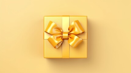 Wall Mural - Present box with a bow and golden satin ribbon against a yellow backdrop.Holiday present with room for copy. Happy Mother's Day, flat lay, top view, birthday or Christmas present