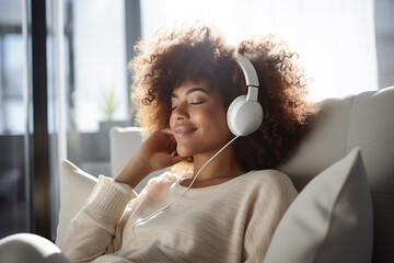 Beautiful smiling woman with curly hairs listening music with a headphones at the window, relaxing at home.