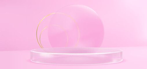 Poster - Glass transparent round product podiums - scene with pastel pink floor and wall. Realistic vector of plexiglass or plastic cylinder stand for goods display. Crystal or acrylic pillar platform mockup.