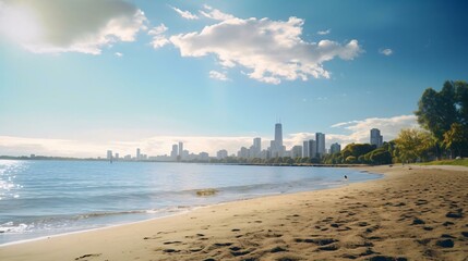 Photography of a tranquil secluded beach with a modern city