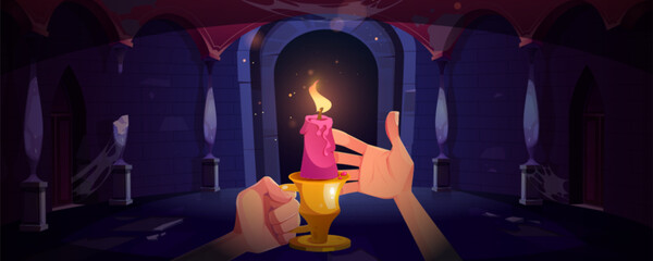 Wall Mural - Human hands holding candle with burning flame in candlestick in forward walking along dark abandoned ancient castle or hall. Cartoon vector game spooky dungeon with stone walls and arched door.