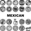 © sevector - mexican cuisine dinner food icons set vector. table chili, salsa meal, lunch tortilla, pepper mexico, tomato, vegetable restaurant mexican cuisine dinner food black contour illustrations