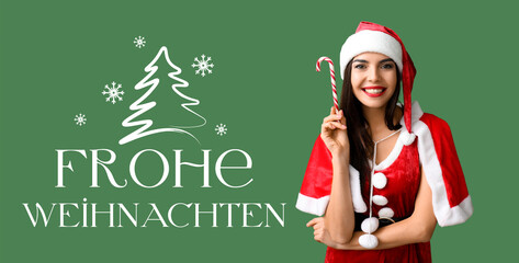 Wall Mural - Text FROHE WEIHNACHTEN (German for Merry Christmas) and woman dressed as Santa on green background