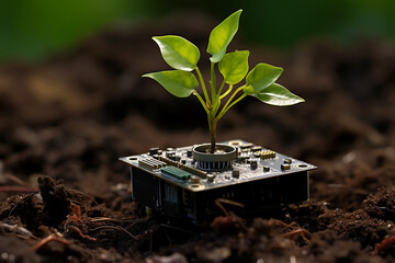 Close up shot of plant sprouts grow up from solid ground through computer mainboard. Eco sustainable computing green motherboard. Generative AI.