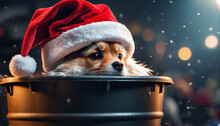 A cute puppy wearing a Santa hat is in a trash bin on a snowy winter night.