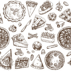 Seamless pattern of hand-drawn traditional cakes, tarts and pies in sketch style. Sweet bakery, fruit, berries. Top view. Thanksgiving, Christmas.