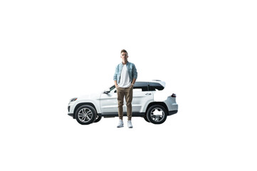 Wall Mural - Full body view of young man leaning on SUV isolated on transparent background.