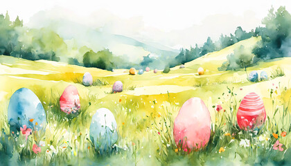 Beautiful easter eggs in spring meadow digital art with copy space