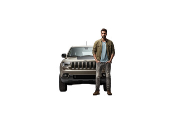 Wall Mural - Full body view of young man leaning on SUV isolated on transparent background.