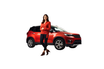 Wall Mural - Full body view of young man leaning on SUV isolated on transparent background.