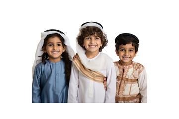 Wall Mural - Emirati children wearing traditional clothing smile looking at the camera against a transparent background.