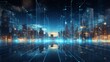 Futuristic tech city at night. Abstract science or technology background of quantum computing system and high speed global data transfer. Big data visualization. Horizontal image