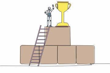 Poster - Single one line drawing robot climb ladder and standing with fist up gesture on big graphic bar beside huge trophy. Artificial intelligence process. Continuous line graphic design vector illustration