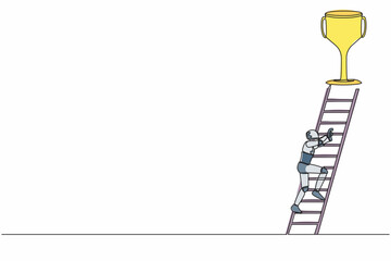 Wall Mural - Single one line drawing robot climb ladder to get trophy. Motivation to success. Future technology. Artificial intelligence machine learning process. Continuous line design graphic vector illustration