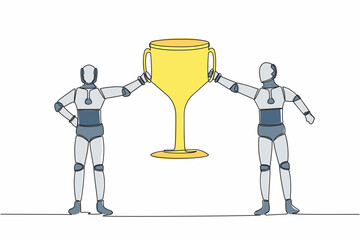 Poster - Single one line drawing two robots holding golden trophy together. Winners team celebrating victory. Artificial intelligence machine learning process. Continuous line draw design vector illustration