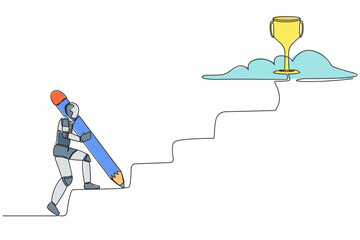 Poster - Single continuous line drawing of robot using huge pencil to draw stairs and walk climbing up to reach trophy. Robotic artificial intelligence. Technology industry. One line design vector illustration