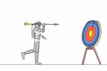 Poster - Single continuous line drawing astronaut using blindfold and shoot dart on target. Confused blindfold spaceman in interstellar wormhole. Cosmonaut deep space. One line draw design vector illustration
