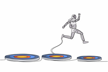Poster - Single continuous line drawing astronaut jumping on bigger target in moon surface. Advancement and achievement in spaceship industry. Cosmonaut deep space. One line graphic design vector illustration