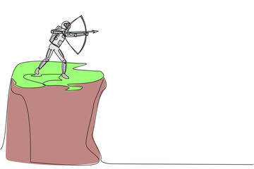 Poster - Single continuous line drawing astronaut standing on cliff with archery in hand. Spaceman focus to discovery many planets around galaxy. Cosmonaut deep space. One line draw design vector illustration