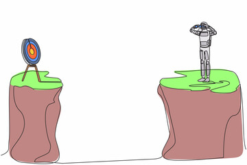 Poster - Continuous one line draw astronaut standing on cliff with binoculars looking for target on another cliff. Focus in spaceship innovation. Cosmonaut outer space. Single line design vector illustration