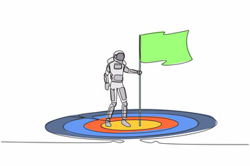 Poster - Single continuous line drawing astronaut plant flag in center of target board with arrow. Spaceman ensure space expedition goals. Cosmonaut deep space. One line draw graphic design vector illustration