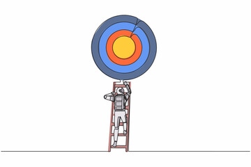 Poster - Continuous one line drawing of astronaut rises up stairs to top of target. Achieving spaceship expedition goal. Ladder to the sky. Cosmonaut outer space. Single line graphic design vector illustration