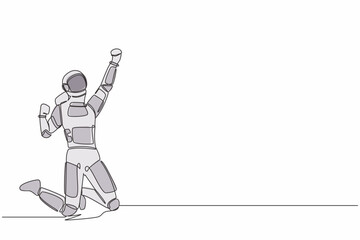 Poster - Single one line drawing young astronaut kneeling with raised one hand high and raised other. Happy with spaceship exploration. Cosmic galaxy space. Continuous line graphic design vector illustration