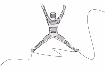 Poster - Continuous one line drawing happy astronaut jumping with raised his arms and legs. Successful in spaceship business project. Cosmonaut outer space. Single line draw graphic design vector illustration